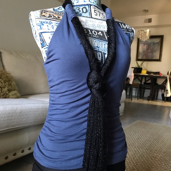 NU Mark Anthony Blue V neck top with attached scarf Small - Picture 1 of 8